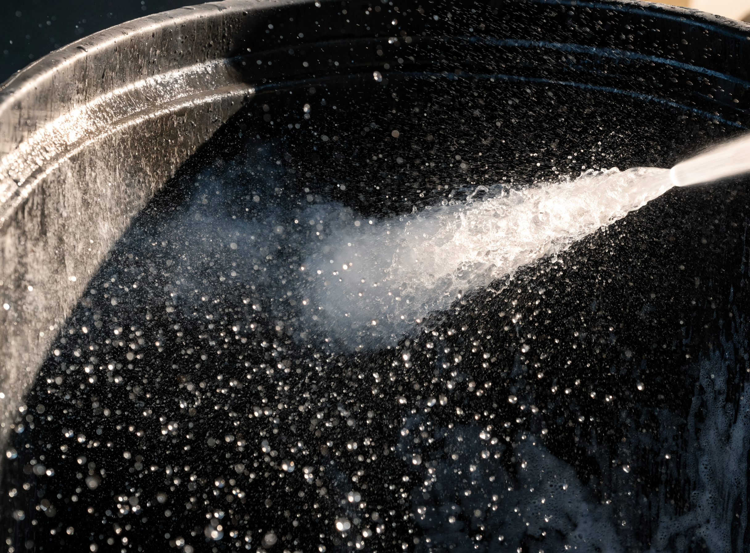 High-pressure hot water jet cleaning inside a garbage bin
