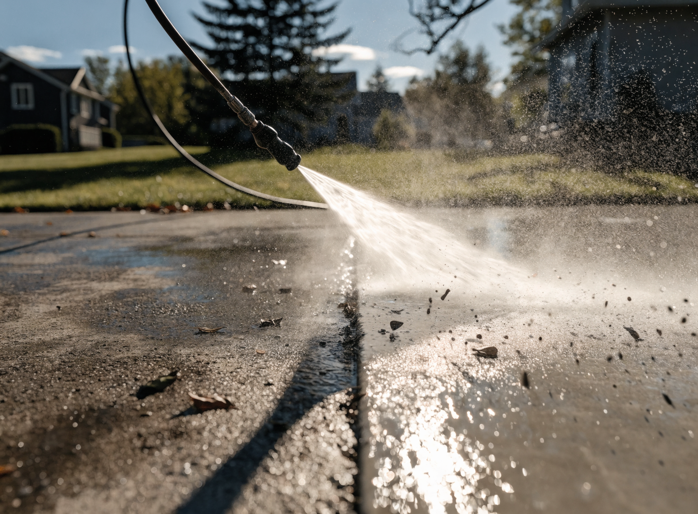Pressure washing a luxury concrete driveway